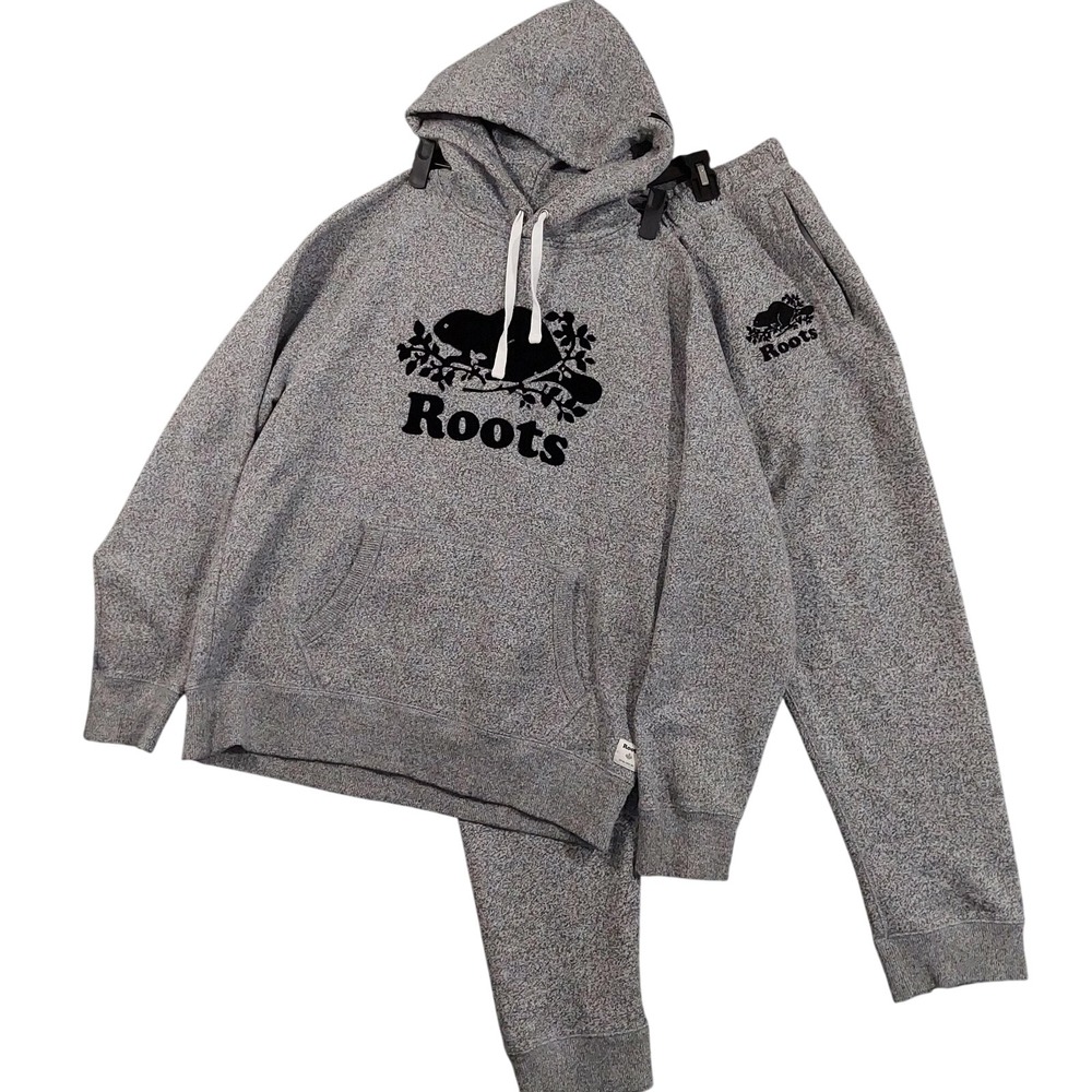 Roots Hoodie Mens Large Gray Fleece Pullover Logo Beaver Jogger XL Sweatpants